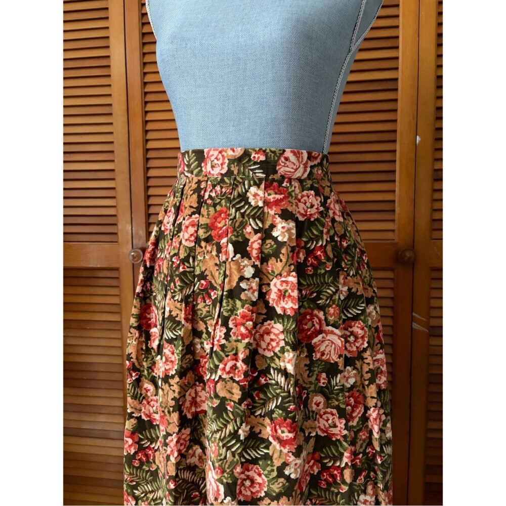 Vintage Talbots Corduroy Floral Midi Skirt in Olive with Pink Roses - Picture 2 of 7